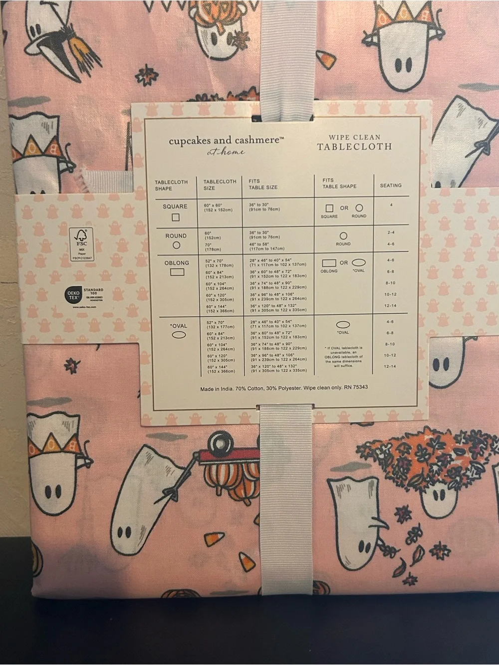 CUPCAKES AND CASHMERE Halloween Pink Ghost Pals Wipe Clean Tablecloth NWTS